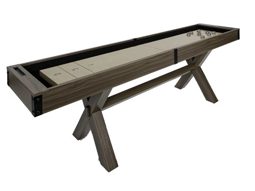 Presidential Billiards Breckenridge 9' Shuffleboard Table in Walnut, a sleek wooden shuffleboard with scoring zones and pucks, designed for recreational playing.