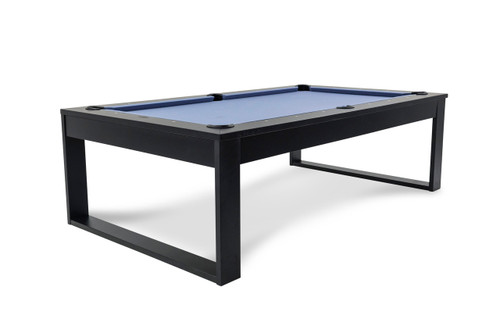 Doc & Holliday Redford Slate Pool Table in Matte Black, a modern billiards table with a sleek black frame and blue felt playing surface.