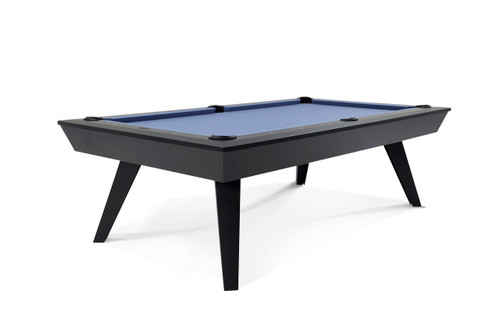 Doc & Holliday The Bellano Slate Pool Table in Matte Black, modern pool table with sleek black finish and blue felt surface, four angled legs and rounded edges.