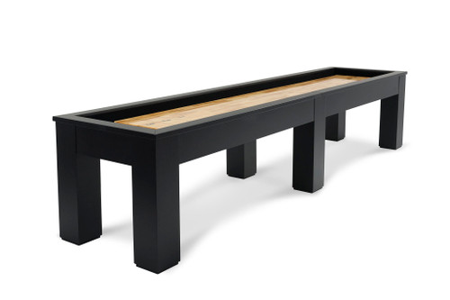 Angled view of the Peter Parsons custom shuffleboard table in Matte Black Lacquer on white background.