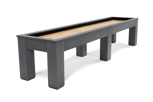 Doc & Holliday Peter Parsons Shuffleboard Table in Matte Smoke, sleek game table with a black-and-wood playing surface and sturdy gray frame.