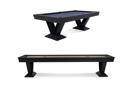 Doc & Holliday Savant Pool Table & Shuffleboard Table Combo, black professional game room entertainment set with sleek design and sturdy legs.