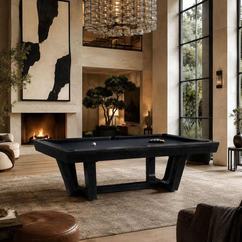 Doc & Holliday Gracy black ash slate pool table in a high-ceiling luxury game room with modern architectural interiors.