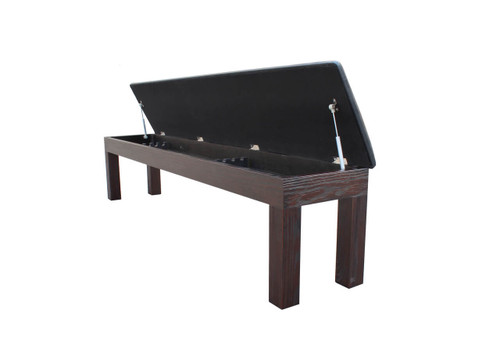 Plank & Hide Co Otis Bench with Storage, wooden storage bench with a black cushioned lid that opens upwards, supported by hydraulic hinges.