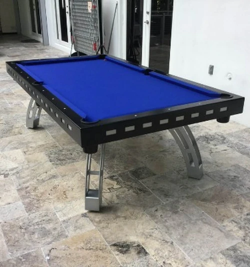 Sawyer Twain Gridlock All Weather Outdoor Pool Table, blue felt playing surface with black frame and silver legs, suitable for outdoor use, with free USA shipping.