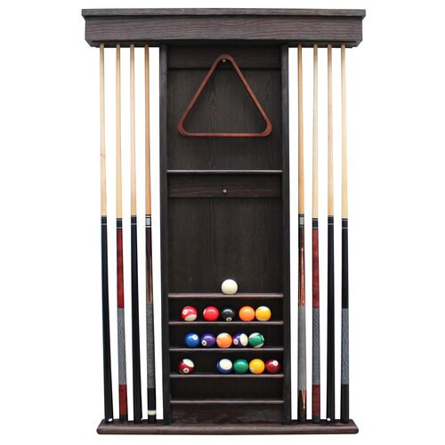 Playcraft Premium Hardwood Billiard Wall Rack, wall-mounted billiard cue and ball storage rack with several pool balls and a triangle rack.