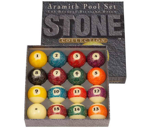 Aramith Stone Billiard Ball Set, display of colorful billiard balls in a box with a box cover in the background.