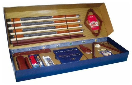 Aramith Pro Cup Pool Table Accessory Set, complete billiard accessories including cue sticks, chalk, and accessories in a display box.
