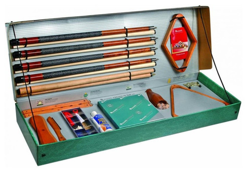 Aramith Premium Billiard Accessory Kit, comprehensive set of pool accessories for billiards including cue sticks, chalk, brush, triangle rack, cue holder, and maintenance tools organized in a stylish green case.