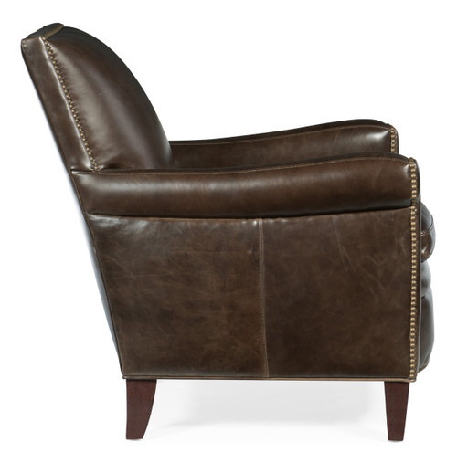 Hooker Furniture Nicolla Stationary Sofa, side view of a luxurious brown leather sofa with nailhead trim and wooden legs.