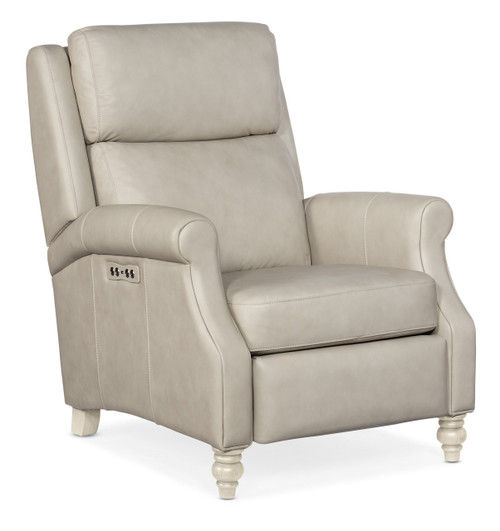 Hooker Furniture Montgomery Chair, elegant beige upholstered armchair with classic turned wood legs and built-in controls for added comfort.