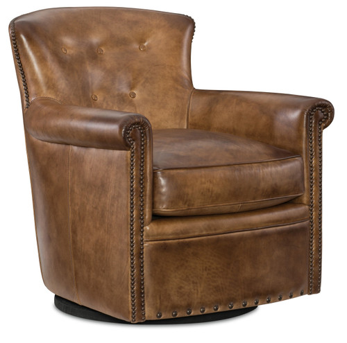 Hooker Furniture Nicolla Leather Stationary Chair, image of a brown leather stationary chair with rolled arms and nailhead trim details.