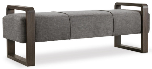 Hooker Furniture Curata Upholstered Bench, modern gray fabric cushioned bench with dark wooden geometric armrests.