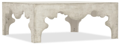 Hooker Furniture Boheme Flanders Square Cocktail Table, a rustic square coffee table with a distressed beige finish and cut-out details on its sides.