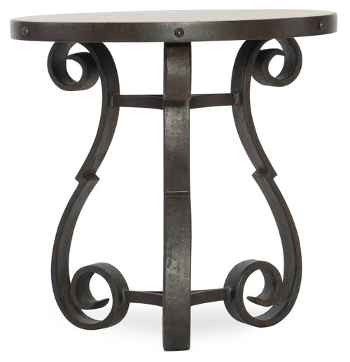 Hooker Furniture Luckenbach Metal and Stone End Table, close-up image showing a round tabletop with a stone surface and metal scrollwork legs.