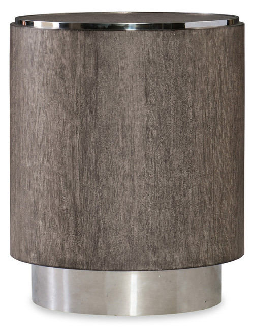 Hooker Furniture Storia Round End Table, round end table with a textured brown wooden finish and a polished metallic base.