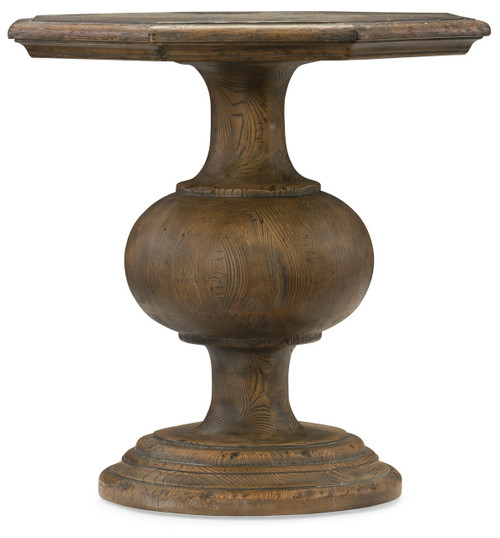 Hooker Furniture Mason End Table, rustic wooden side table with a round, sculpted base and a flat top surface.