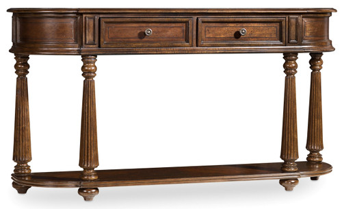Hooker Furniture Leesburg Demilune Hall Console, wooden hall table with a polished finish, turned legs, and two small drawers with metal knobs.