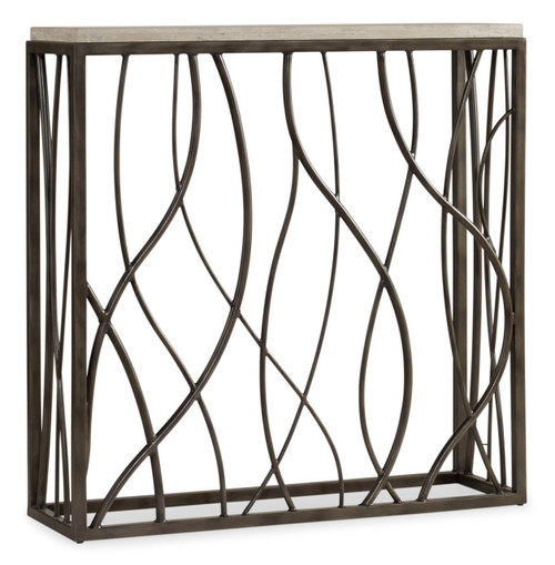 Hooker Furniture Thin Metal Console, modern console table with an intricate wavy metal design and a light-colored top.