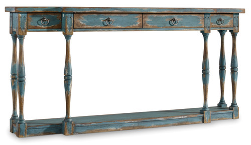 Hooker Furniture Sanctuary Four-Drawer Thin Console, rustic wooden console table with blue distressed finish and turned legs.