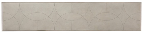 Hooker Furniture Elixir Console Table, long beige console table with geometric circular pattern design.