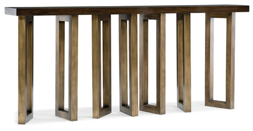 Hooker Furniture Melange Connelly Hall Console, modern wooden hall table with a sleek dark wood top and geometric gold-tone metal base.