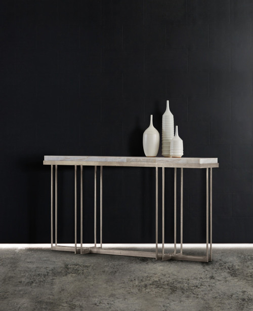 Hooker Furniture Melange Blaire Console Table, modern minimalist white marble top with slim metal frame design.