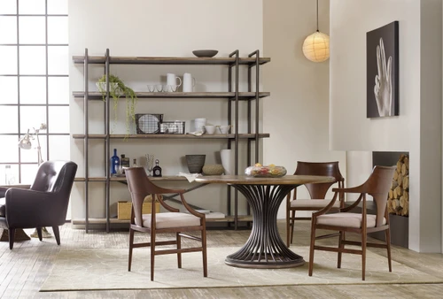 Hooker Furniture Studio 7H Scaffold Entertainment Console, a modern industrial-style furniture piece with a metal frame and wooden shelves in a living room setting.