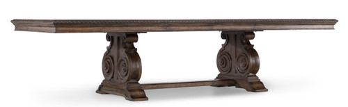 Hooker Furniture Rhapsody Rectangle Dining Table, wooden dining table with ornate carved pedestal base and a polished rectangular surface.