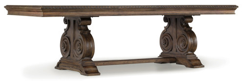 Hooker Furniture Rhapsody Rectangle Dining Table, wooden dining table with ornate carved pedestal legs and a polished surface.