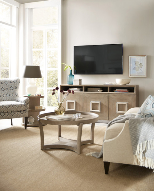 Hooker Furniture Affinity Slope Side Chair - 2 per carton/price ea, living room with modern furniture, beige sofa, patterned armchair, wooden coffee table, and flat-screen TV.