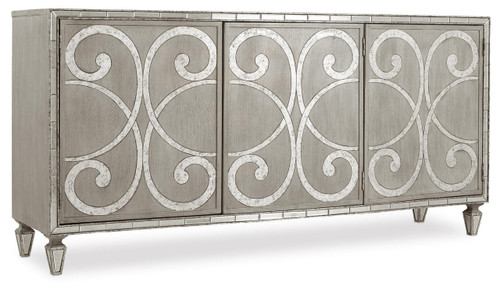 Hooker Furniture Sanctuary Buffet, elegant sideboard with decorative scrollwork design on cabinet doors and a distressed gray finish.