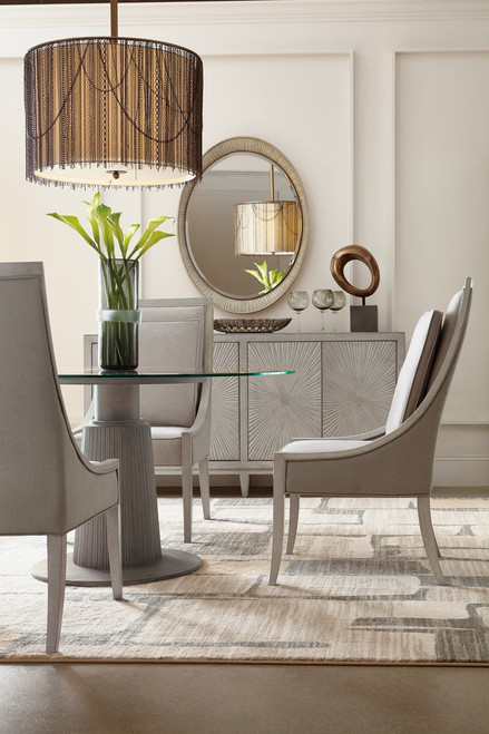 Hooker Furniture Elixir Buffet, elegant sideboard with textured doors in a modern dining room setting.