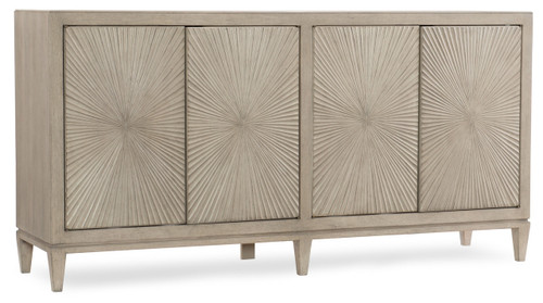 Hooker Furniture Elixir Buffet, wooden sideboard with sunburst textured cabinet doors in a light finish.