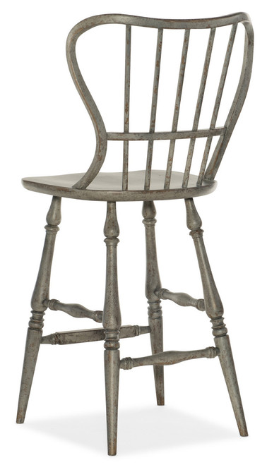 Hooker Furniture Ciao Bella Spindle Back Bar Stool-Speckled Gray, vintage-style bar stool with distressed gray finish, spindle backrest, and wooden seat.