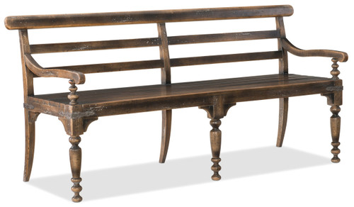 Hooker Furniture Hill Country Helotes Dining Bench, rustic wooden bench with a slatted seat, curved armrests, and turned legs.