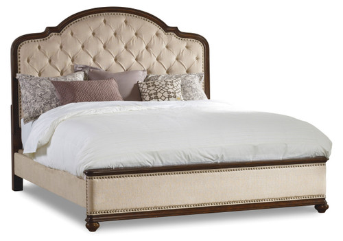 Hooker Furniture Leesburg Queen Upholstered Bed, elegant bedroom furniture with a tufted upholstered headboard and wooden framing.