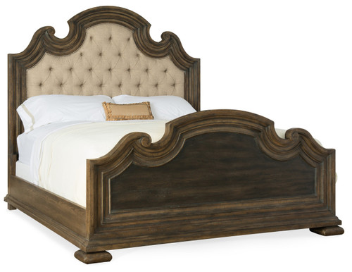 Hooker Furniture Fair Oaks King Upholstered Bed, elegant wooden bed with detailed carved headboard and footboard in a dark finish, showcasing classic design and craftsmanship.