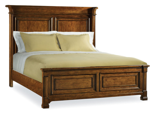 Hooker Furniture Tynecastle King Panel Bed, wooden bed with a high headboard and panels, with bedding and pillows in beige and white.