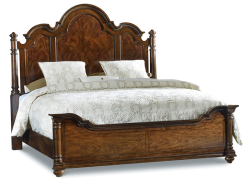 Hooker Furniture Leesburg King Poster Bed, a traditional wooden bed with an ornate high arched headboard and footboard in rich brown finish.