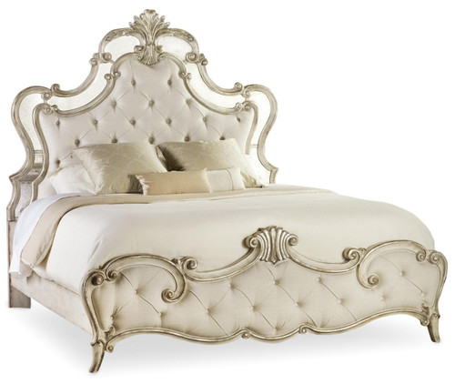 Hooker Furniture Sanctuary Queen Upholstered Bed, elegant luxurious bed with tufted upholstered headboard and intricate carved wood frame in a vintage style.