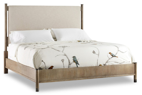 Hooker Furniture Affinity King Upholstered Bed, beige fabric upholstered headboard with wooden frame and bird-themed bedding with branches and birds design.