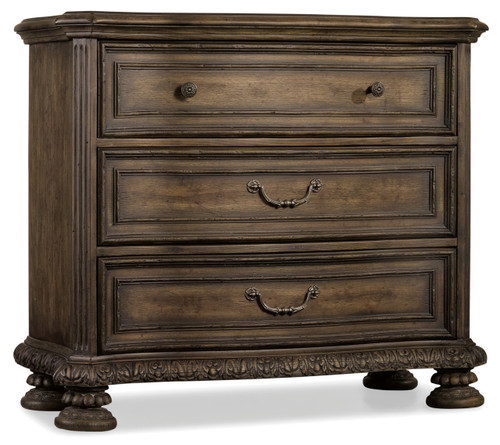 Hooker Furniture Rhapsody Bachelors Chest, a traditional wooden storage chest with detailed carved base and three drawers featuring vintage-style handles.
