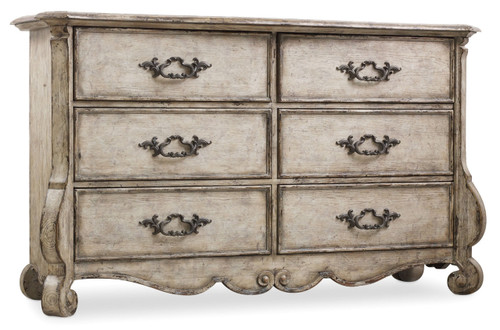 Hooker Furniture Chatelet Dresser II, a vintage-style wooden dresser with six drawers and ornate metal handles, featuring a distressed finish.