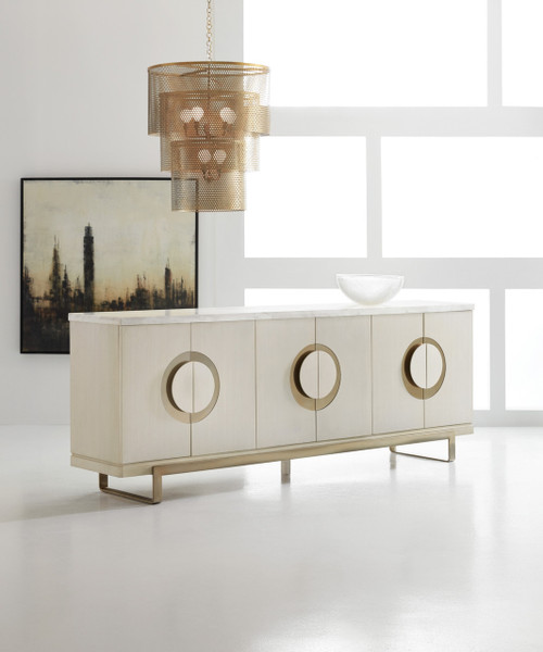 Hooker Furniture Yates Stationary Sofa, modern white sideboard with circular bronze handles and marble top in minimalist living space.