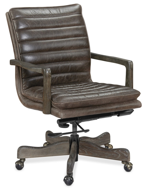Hooker Furniture Sanctuary Debutant Wing Chair, brown leather upholstered armchair with wooden armrests and a rolling base.