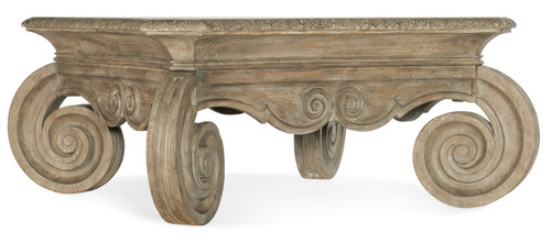 Hooker Furniture Castella Square Cocktail Table, rustic wooden coffee table with elaborate carved scroll details on legs and apron.
