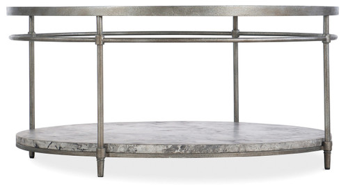 Hooker Furniture Round Cocktail Table, round table with a marble top and metal frame.