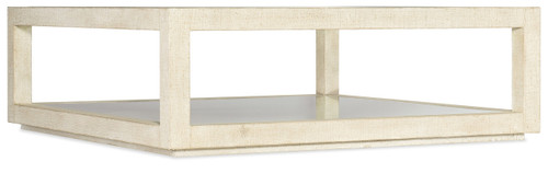 Hooker Furniture Cascade Square Cocktail Table, elegant square coffee table with a classic cream-colored linen fabric finish and a sturdy wooden frame.