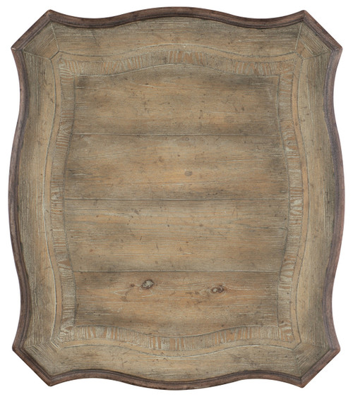 Hooker Furniture Castella End Table, rustic wooden square-shaped side table with curved edges and visible wood grain.